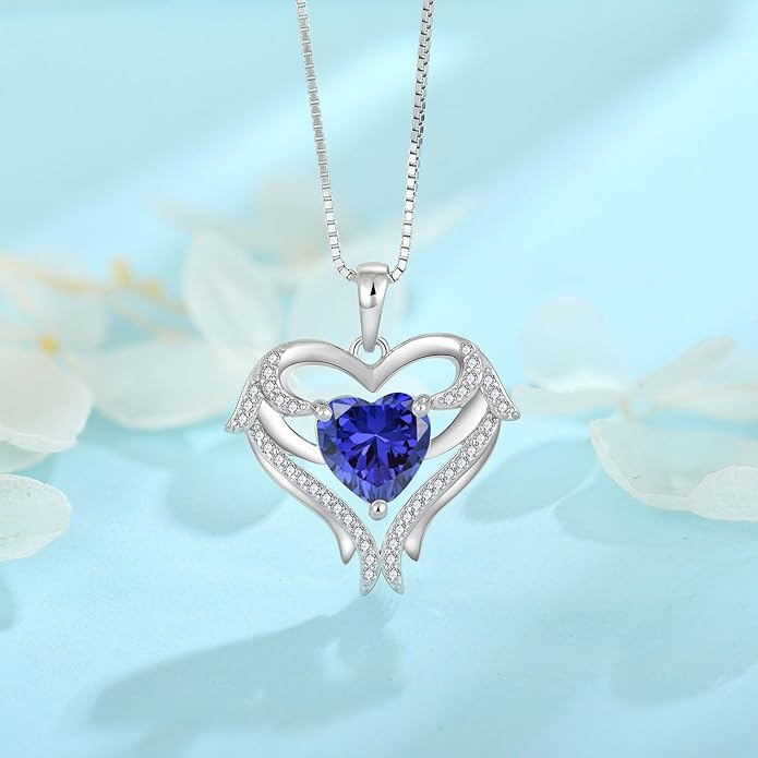 FJ Heart Angel Wings Pendant Necklace 925 Sterling Silver Birthstone Jewelry Gifts for Women