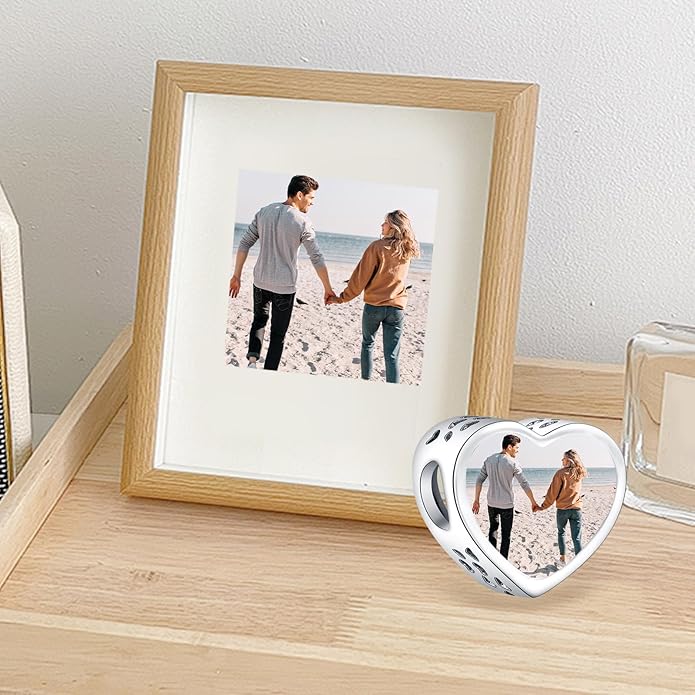 Annmors Personalized Photo Charm for Bracelet Necklaces,925 Sterling Silver Charm Love Heart Shaped Engraved Customize Picture Gift for Birthday Mother's Day Christmas,Bead Charms Jewelry for Women