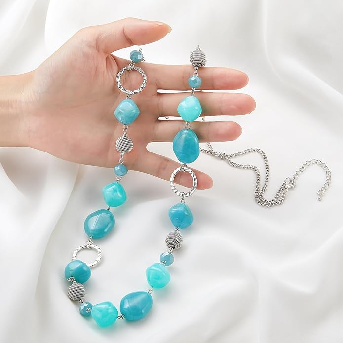 BULINLIN Beaded Long Necklace for Women Silver Sweater Chain Necklace with Crystal Resin Beads, Fashion Jewelry Necklace