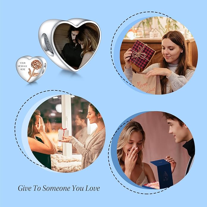 Annmors Personalized Photo Charm for Bracelet Necklaces,925 Sterling Silver Charm Love Heart Shaped Engraved Customize Picture Gift for Birthday Mother's Day Christmas,Bead Charms Jewelry for Women