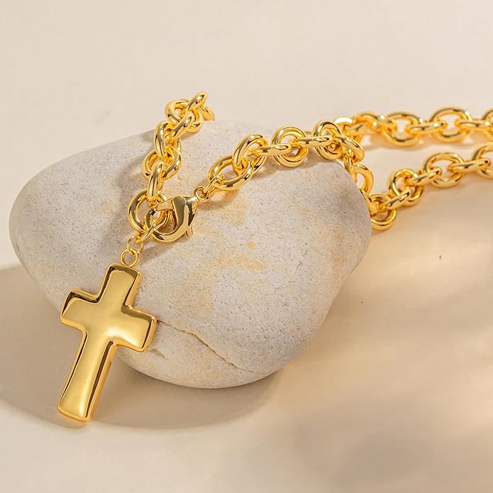 18k Gold Chunky Cross Necklace for Women Hammered Cross Choker Necklaces Bold Statement Necklace Trendy Jewelry