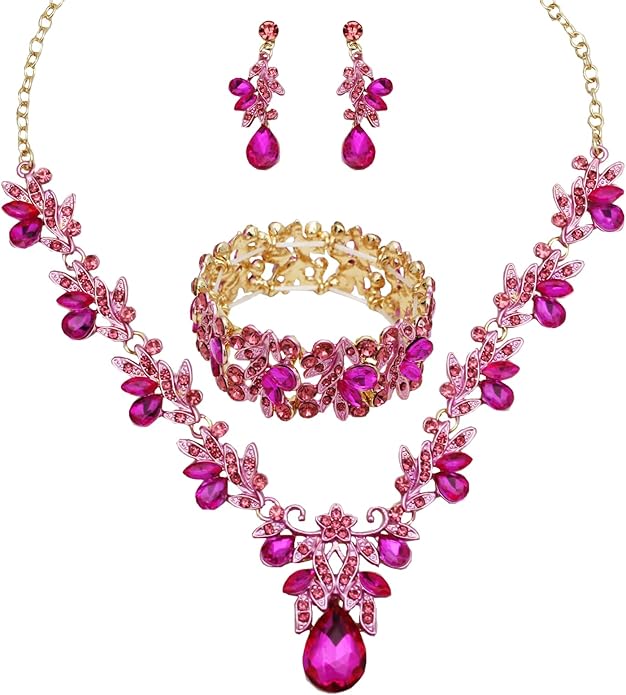 Wedding Leaf Flower Crystal Teardrop Pendant Necklace Dangle Earrings Stretch Bracelet Jewelry Set for Women Bridal Party Prom