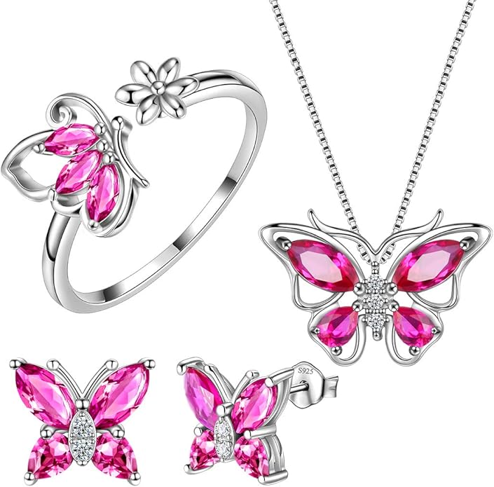 Aurora Tears Butterfly Jewelry,Women 925 Sterling Silver Butterflies Birthstone Pendant Necklace/Earrings/Rings Wedding Gift