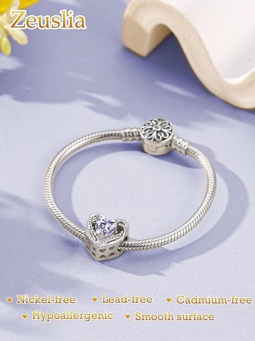 Heart Birthstone Charms for Bracelets, 925 Sterling Silver Women Bead Charms for Charm Bracelets Necklace, Mother's Day Birthday Anniversary Jewelry Gifts for Wife Mom Grandma Daughter