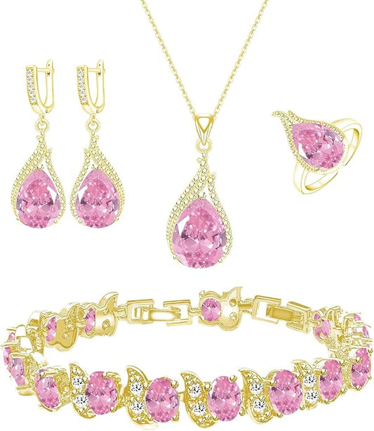 GZWHD Jewelry Set for Women CZ Earrings Necklace Ring Bracelet Set Prom Party Wedding Jewelry Gift for Mother Friend Wife