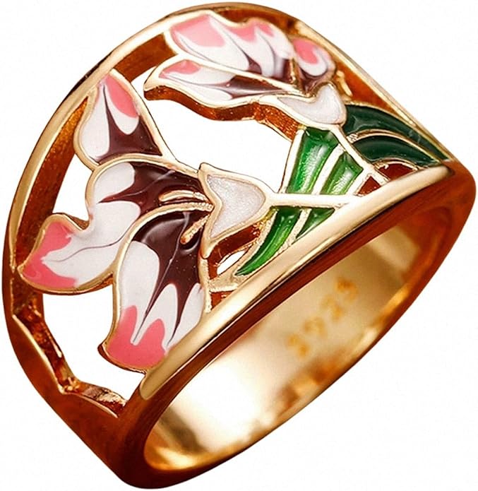 Women Tree of Life Lucky Flower Wide Band Ring Gold Pink Opal Green Enamel Resin Plated Dainty Tree Rhinestone Statement Thumb Index Full Finger Chunky Ring Party Crystal Vintage Jewelry