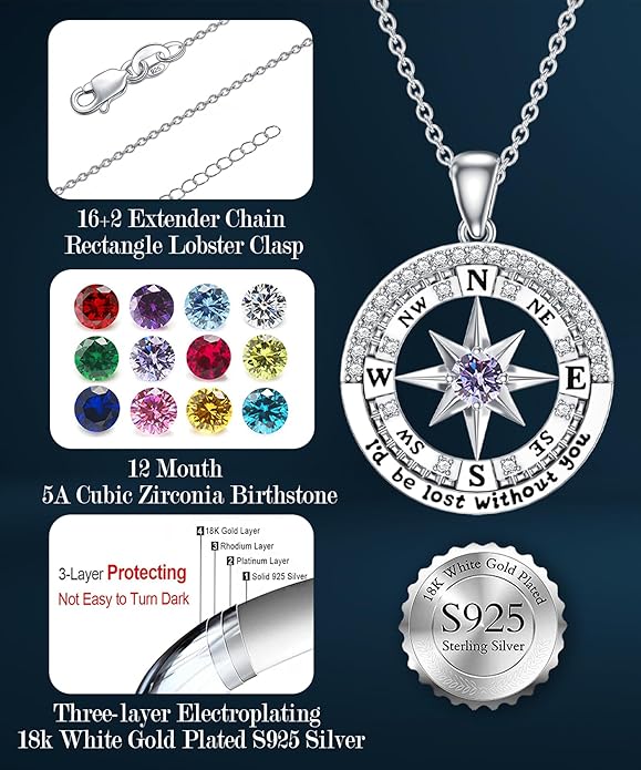 Compass Birthstone Necklace Gift for 2025 Graduation 925 Sterling Silver Compass ‘I'd be Lost Without You’ Pendant Necklaces Jewelry for Women Her Wife Gift for Birthday Anniversary