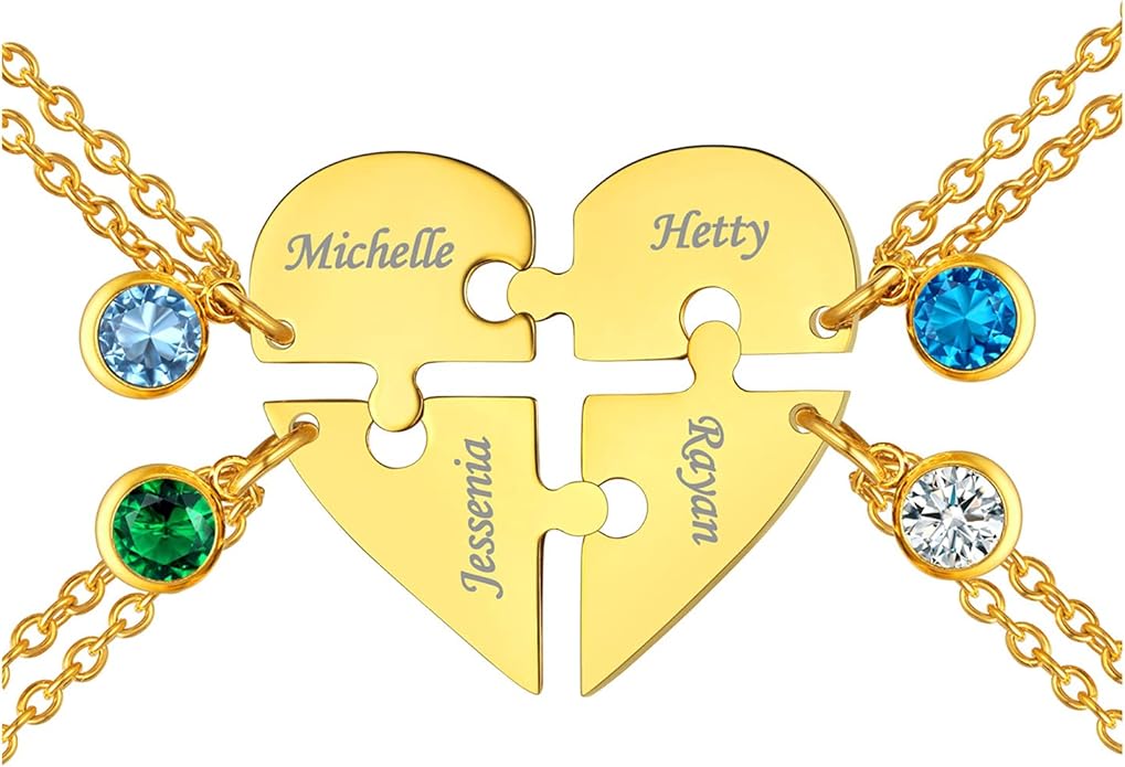 FindChic Personalized Matching BFF Necklace for 2/3/4/5/6 Puzzle Name Heart Pendant Stainless Steel Couple Necklace Set Customized Necklaces for Teen Girls