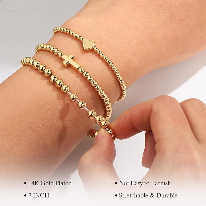 Turandoss Gold Bracelets for Women - Dainty 14K Gold Plated Bow Cross Beaded Bracelets for Women Stackable Heart Bead Bracelet Set Wave CZ Round Ball Bracelet Valentine's Day Gifts for Her