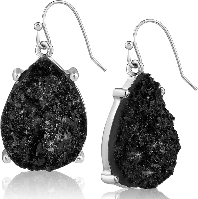Teardrop Dangle Earrings for Women with Simulated Druzy Stones in Gold or Silver Tone