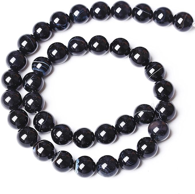 36PCS 10mm Natural Black Striped Agate Beads Gemstone Round Loose Beads for Jewelry Making DIY Bracelet Necklace 15" Inch