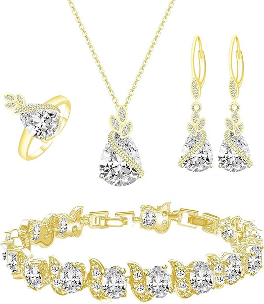 GZWHD Jewelry Set for Women CZ Earrings Necklace Ring Bracelet Set Prom Party Wedding Jewelry Gift for Mother Friend Wife