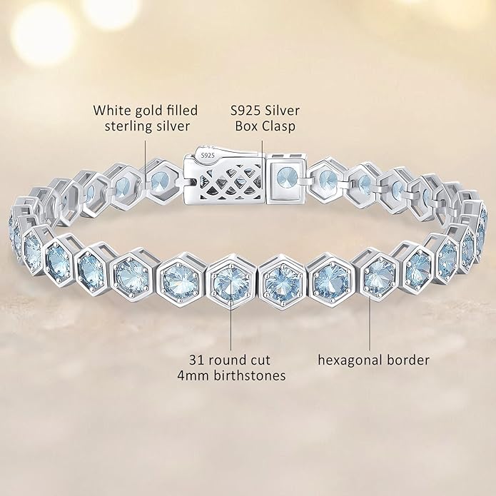 Birthstone Tennis Bracelets for Women Birthday Gifts 925 Sterling Silver Hexagon White Gold Bracelets Round Cut 5A Cubic Zirconia Prong Setting 7 Inch Anniversary Jewelry Gift