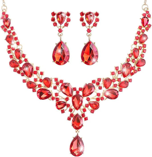 Hicarer Bridal Teardrop Cluster Crystal Jewelry Set for Women Necklace Earrings Wedding