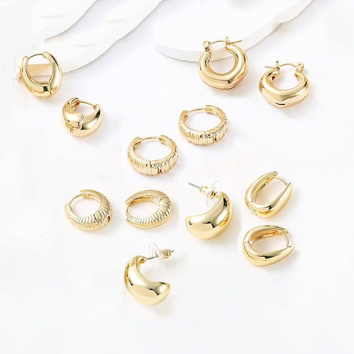 Wgoud 6 Pairs Gold Hoop Earrings Set for Women, 14K Gold Plated Hypoallergenic Lightweight Chunky Open Huggie Hoops Earrings Jewelry for Gifts.