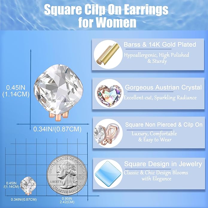 EVEVIC Austrian Crystal Square Cilp On Earrings for Women 14K Gold Plated Non Pierced for Sensitive Ears Jewelry Gifts for Anniversary