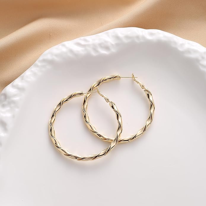 14k Gold Plated Hoop Earrings for Women, 925 Sterling Silver Posts Thick Twist Hypoallergenic Chunky Large Earrings 20mm 30mm 40mm 50mm