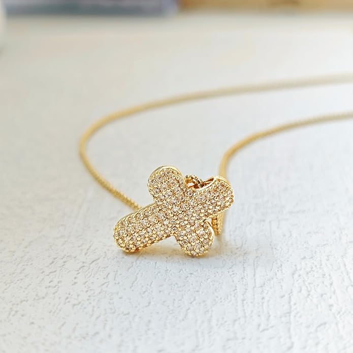 OGD Bubble Cross Necklace for Women 14k Gold Plated Cross Necklace Stackable Dainty Gold Necklace Mariner Chain Necklace CZ Cross Pendant Necklaces Set Simple Jewelry Gift