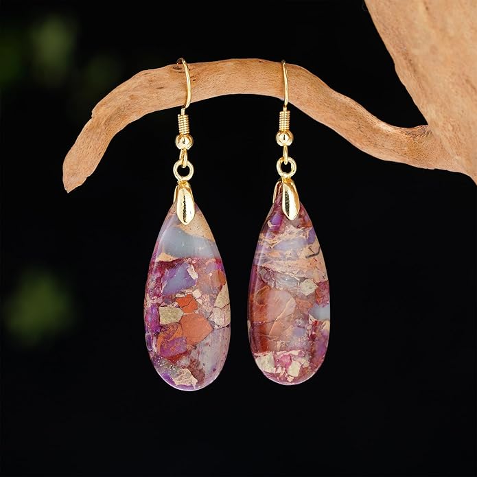 Boho Women Natural Stone Earrings Unique Healing Imperial Jasper Gemstone Energy Hypoallergenic Lightweight Dangle Drop Earrings Multiple Styles Earrings Jewelry for Birthday Party Gift