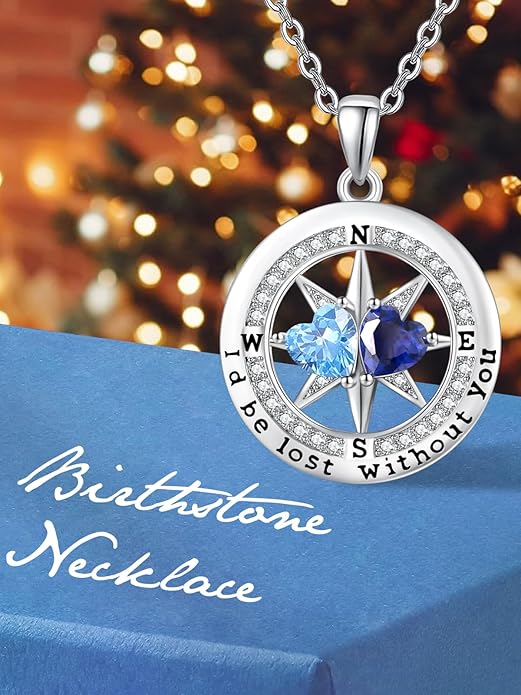 Compass Necklace for Women, Exquisite S925 Valentines Day Anniversary Birthday Gifts for Wife Her Double Birthstone Pendant Jewelry ‘I'd be Lost Without You’