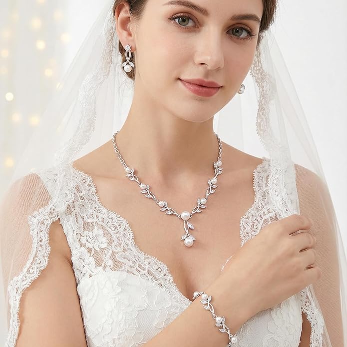 Hadskiss Wedding Jewelry Sets for Women/Brides/Bridesmaids, Cubic Zirconia Pearl Necklace Earrings Bracelet Set 18K Gold Plated Hypoallergenic Jewelry for Wedding Prom Party