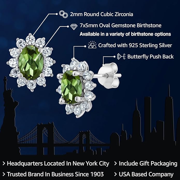 Gem Stone King 7X5MM Oval Gemstone Birthstone Stud Earrings For Women | Princess Diana Royal Halo Style | 925 Sterling Silver | Fine Jewelry Gifts for Anniversary Wedding Her Mom Women Wife