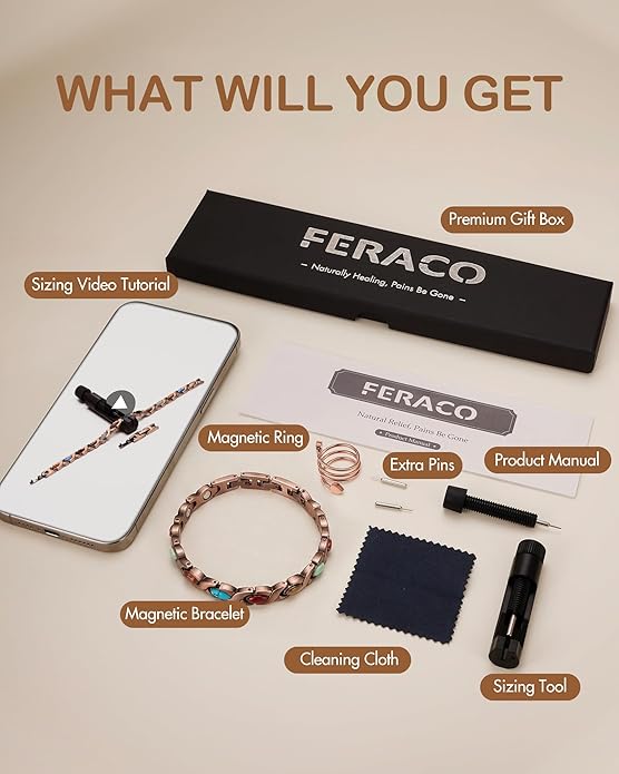 Feraco Pure Copper Bracelets & Rings for Women, Ultra Strength Magnetic Bracelet with 3800 Gauss Magnets & Natural Turquoise & Stones, Adjustable, Jewelry Gift