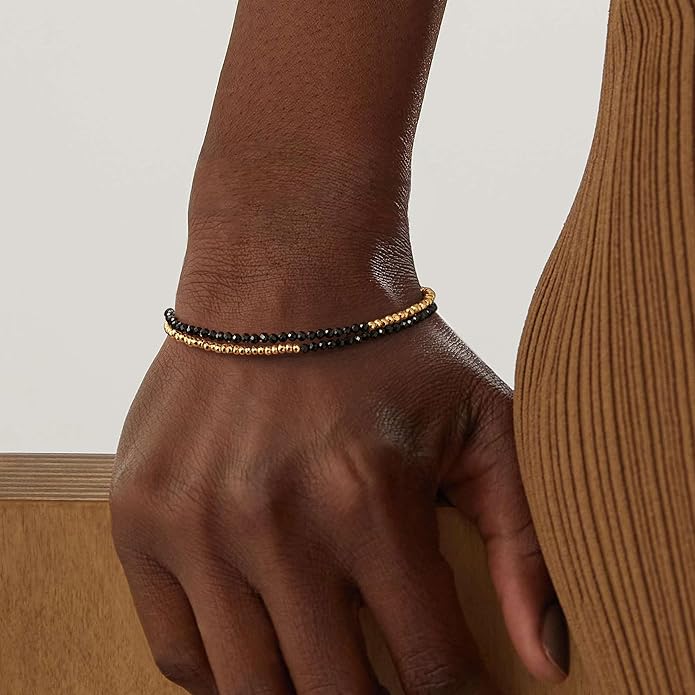 MYEARS Women Beaded Bracelet Gold Double Layer Gemstone 14K Simple Dainty Handmade Chain Everyday Boho Beach Jewelry