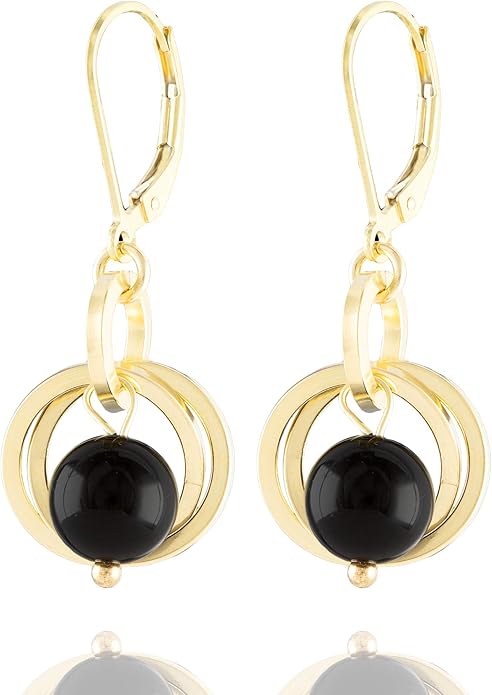 Dainty Short Real Black Onyx Gemstone Minimalist Dangle Earrings with 14k Yellow Gold-filled Circles Classic Designer Jewelry Jewelry Gift for Her (Leverback)