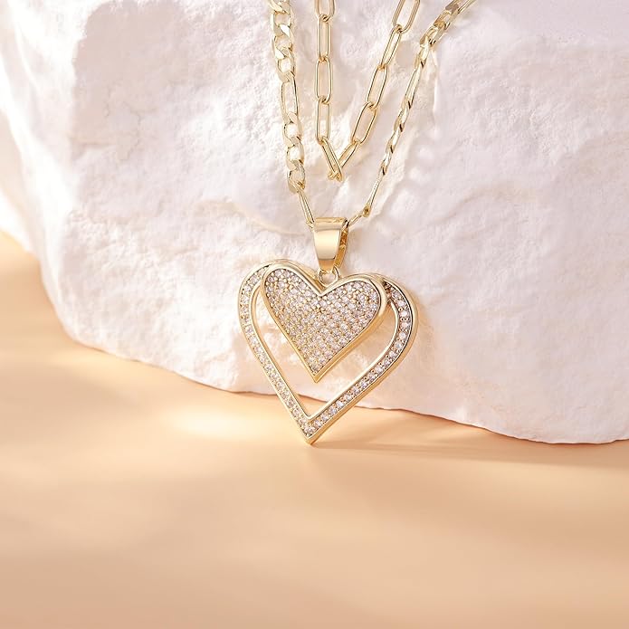 Heart Necklaces for Women 14K Gold Plated Layered Necklace Set with Cubic Zirconia Heart Pendant, Dainty Stackable Choker Chain, Gift for Her