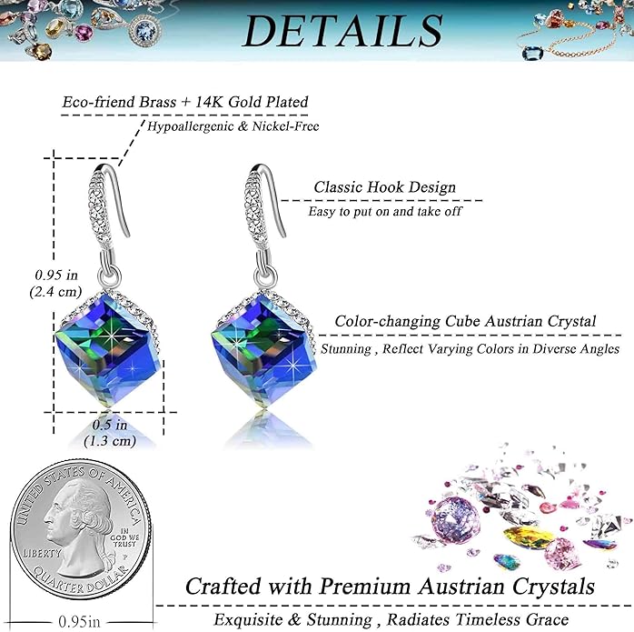 Austrian Crystal Cube Drop Dangle Earrings for Women 14K Gold Plated Hypoallergenic Jewelry