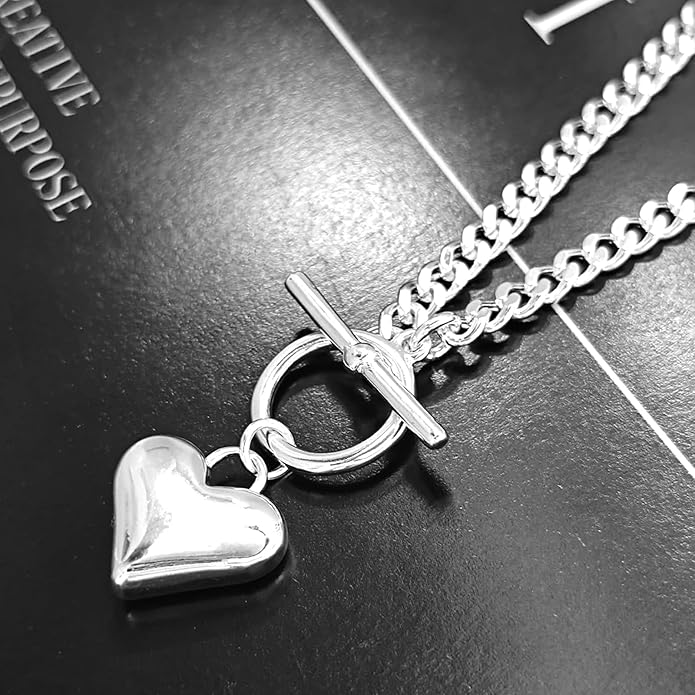 Zeffy 14K Gold/Silver Plated Chunky Thick Chain Toggle Clasp Necklace Dainty Baroque Pearl/Heart/Cross/Turquoise Pendant Necklace