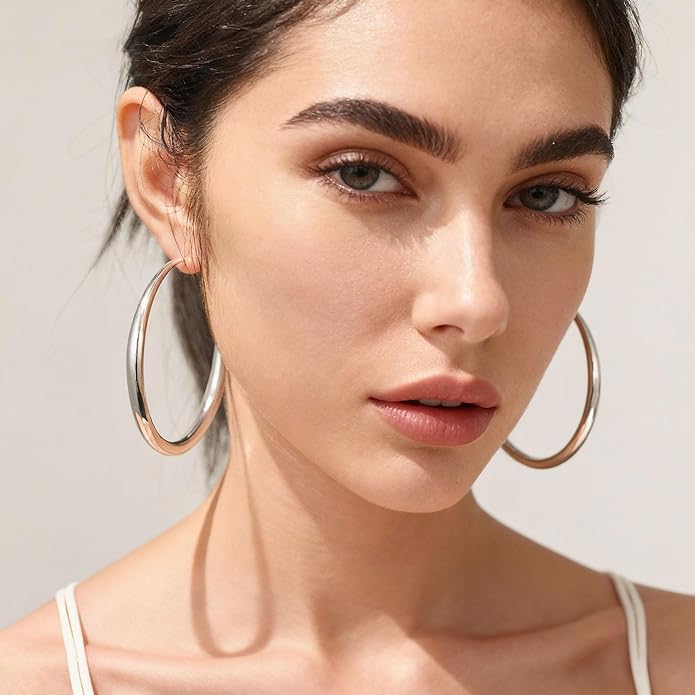 EXGOX Sterling Silver Hoop Earrings - Hypoallergenic, Lightweight, Chunky, 14K Real Gold Plated, Big Large Hoops for Women