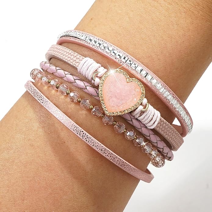 Suyi Multilayer Leather Wrap Bracelet Heart-Shape Wide Cuff Bracelets for Women