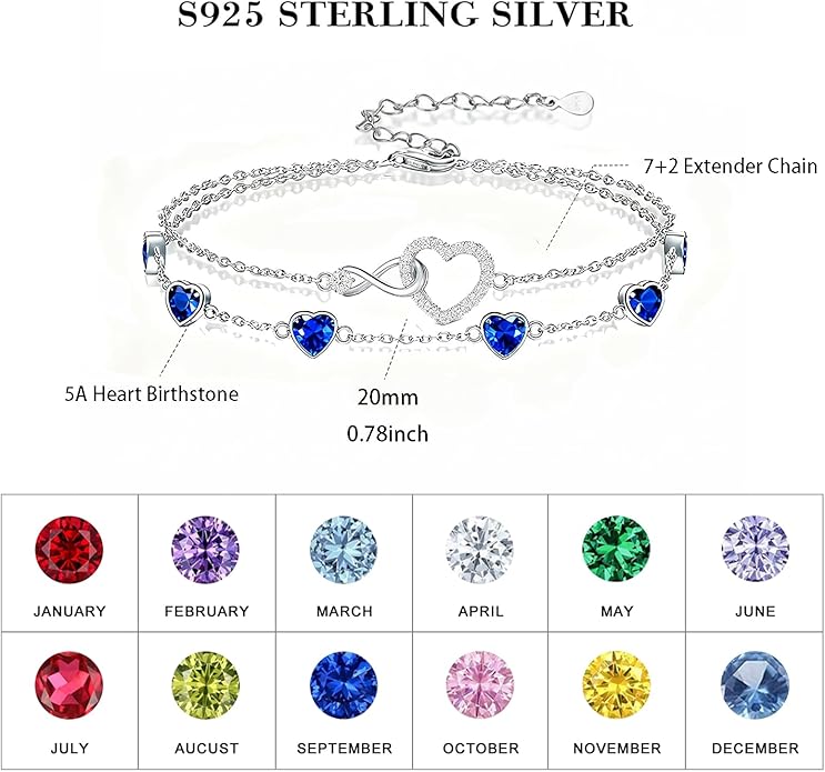 Prismata Infinity Birthstone Charm Link Bracelet 925 Sterling Silver Adjustable 12 Months Birthstone Infinity Bracelet Birthday Jewelry Gifts for Women Mom Her,with 7"+2" chain
