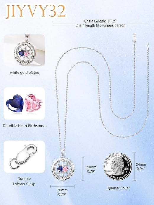 Compass Necklace for Women, Exquisite S925 Valentines Day Anniversary Birthday Gifts for Wife Her Double Birthstone Pendant Jewelry ‘I'd be Lost Without You’