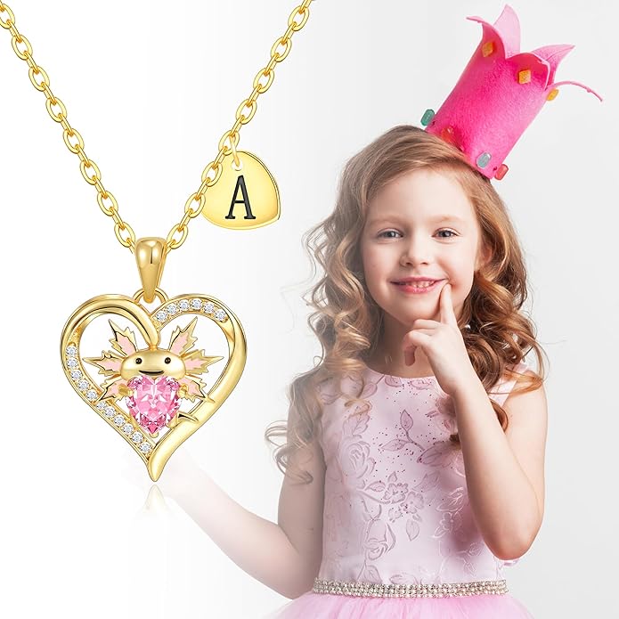 Macate Valentines Day Gifts for Her, 14K Gold Plated Heart Initial Pendant Axolotl Necklace Gold/silver Necklace Valentines Day Birthday Gifts for Women Teen