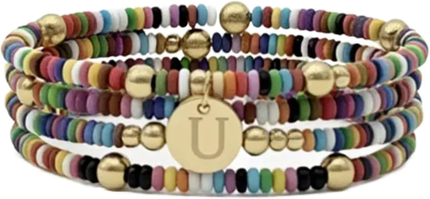Set of 4 Colorful Bead Initial Bracelets, Personalized Stackable Jewelry, Adjustable Stretchy Charm Bracelets for Women, Beaded Bracelet Set, Trendy Custom Jewelry Gift