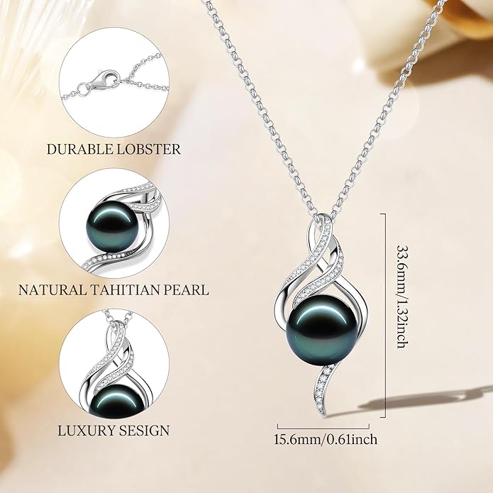 FANCIME Gift for Women Wife Natural Tahitian Pearl Necklace Sterling Silver Mysterious Ocean Treasure 10-12MM Black Pearl Luxury Jewelry Gift for Women, Mother, Wife, 16"+2" Adjustable