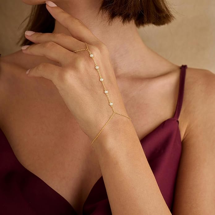 Valentine Gift 14K Gold Plated Hand Chain Bracelet for Women Trendy, 2 Pcs Stackable Gold/Silver Finger Ring Bracelet Hand Chain Dainty Non Tarnish Waterproof Set Jewelry Adjustable 7'+2