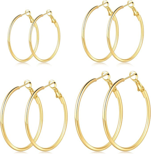 4/6 Pairs Gold Silver Hoop Earrings for Women 14K Gold Plated Hypoallergenic 2mm Thin Hoops Stainless Steel Lightweight Dangle Set 30/40/50/60mm