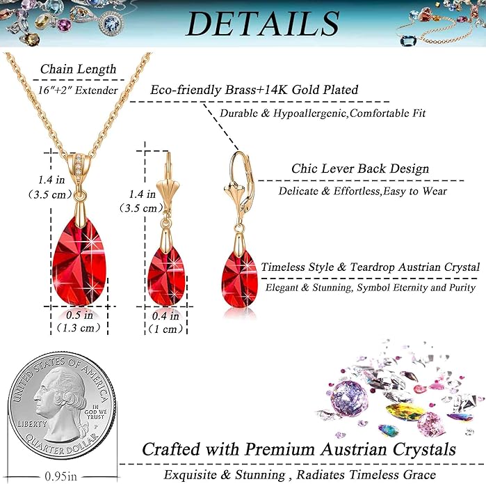 EVEVIC Austrian Crystals Teardrop Pendant Necklace Earrings for Women 14K Gold Plated Hypoallergenic Leverback Drop Dangle Earrings Jewelry Set