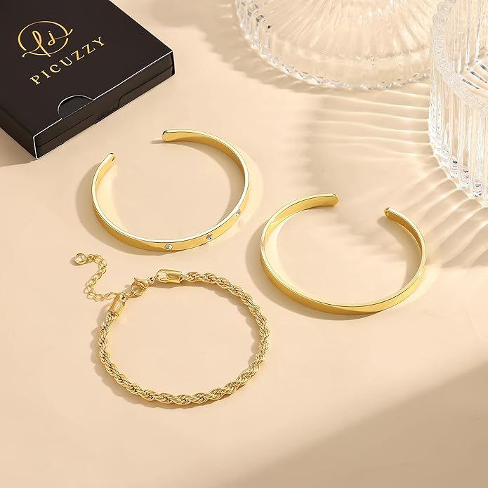Gold Bangle Bracelets for Women, Non Tarnish Dainty 14K Gold Plated Cuff Bracelets Stackable for Women,Waterproof Bracelet Stack Gold Jewelry Gifts Trendy Adjustable Accessories