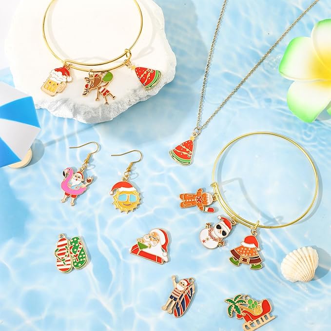 MARFOREVER 40 Pcs/20 Pairs Christmas in July Charms, Summer Christmas Enamel Charm Holiday in July Beach Hawaiian Pendants for Bracelet Necklace Earrings Making Accessories