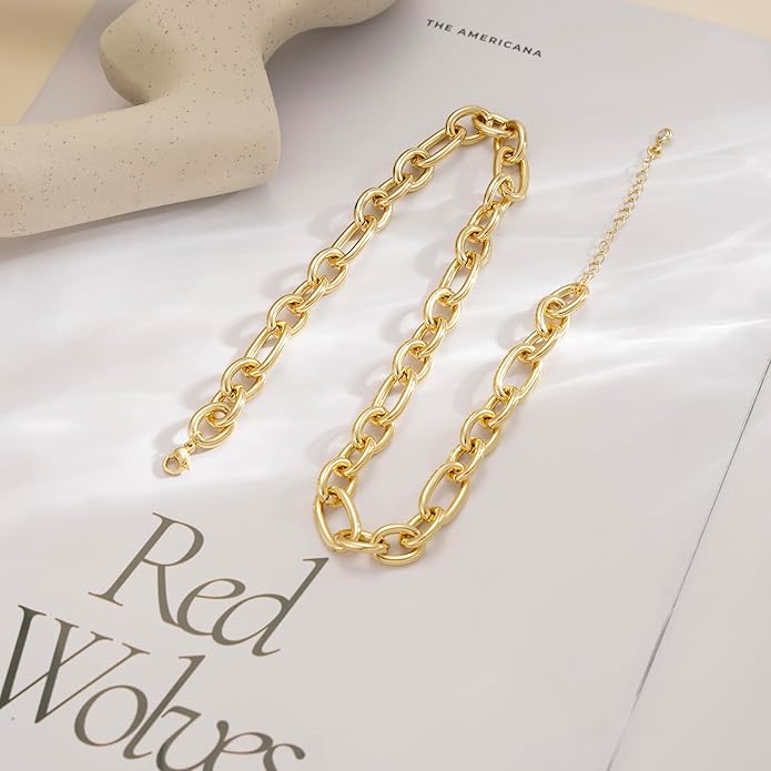 Gold Necklace for Women - Chunky 14K Gold Plated Chain Necklace Cuban Link Paperclip Chain Herringbone Statement Choker Necklace for Women Simple Trendy Jewelry Gifts