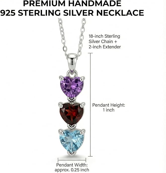 PaulaMax Jewelry Custom Birthstone Necklace for Women in 925 Sterling Silver, Mother's Day Necklace with 1 2 3 4 Heart Birthstones, Personalized and Customized Sterling Silver Chain 18" + 2"