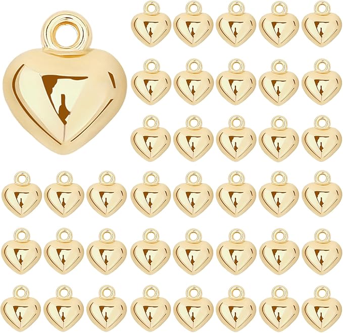 MARFOREVER 40 Pcs 18K Gold Heart Charms for Jewelry Making, Valentines Charms 3D Love Heart Shape Dangle Pendants for Mother's Day Valentine's Gifts Bracelet Necklace Earrings Making DIY Crafts