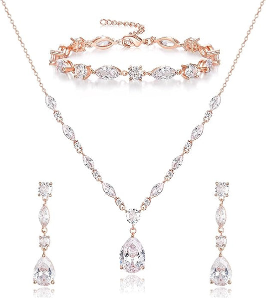 Crysdue Teardrop Bridal Jewelry Set for Wedding Party, Silver/14K/Rose Gold Plated Prom Costume Jewellery for Bride Bridesmaids Women, Cubic Zirconia Necklace Dangle Earrings Bracelet