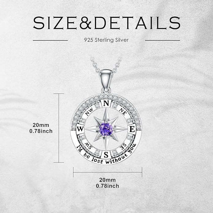 Compass Birthstone Necklace Gift for 2025 Graduation 925 Sterling Silver Compass ‘I'd be Lost Without You’ Pendant Necklaces Jewelry for Women Her Wife Gift for Birthday Anniversary