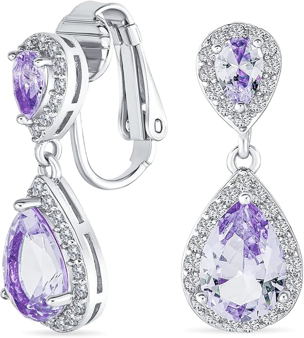 Vintage Style Bridal Cubic Zirconia Simulated Gemstone AAA CZ Halo Dangle Teardrop Chandelier Clip On Earrings For Women Silver Rose Gold Plated in Black Purple Blue Red Rose Pink Green Clear